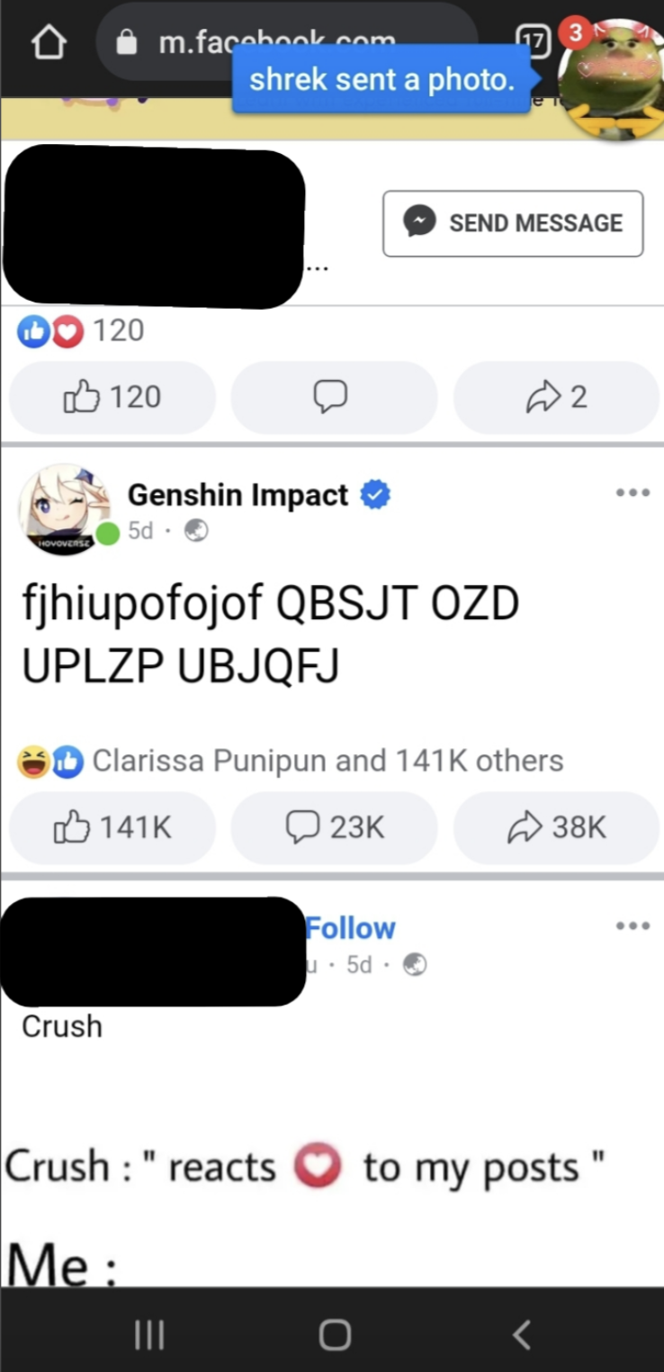 screenshot - D 120 m.facebook.com shrek sent a photo. Send Message 120 Genshin Impact fjhiupofojof Qbsjt Ozd Uplzp Ubjqfj Clarissa Punipun and others 2 Crush 23K Crush "reacts Me 5d 38K to my posts" 0